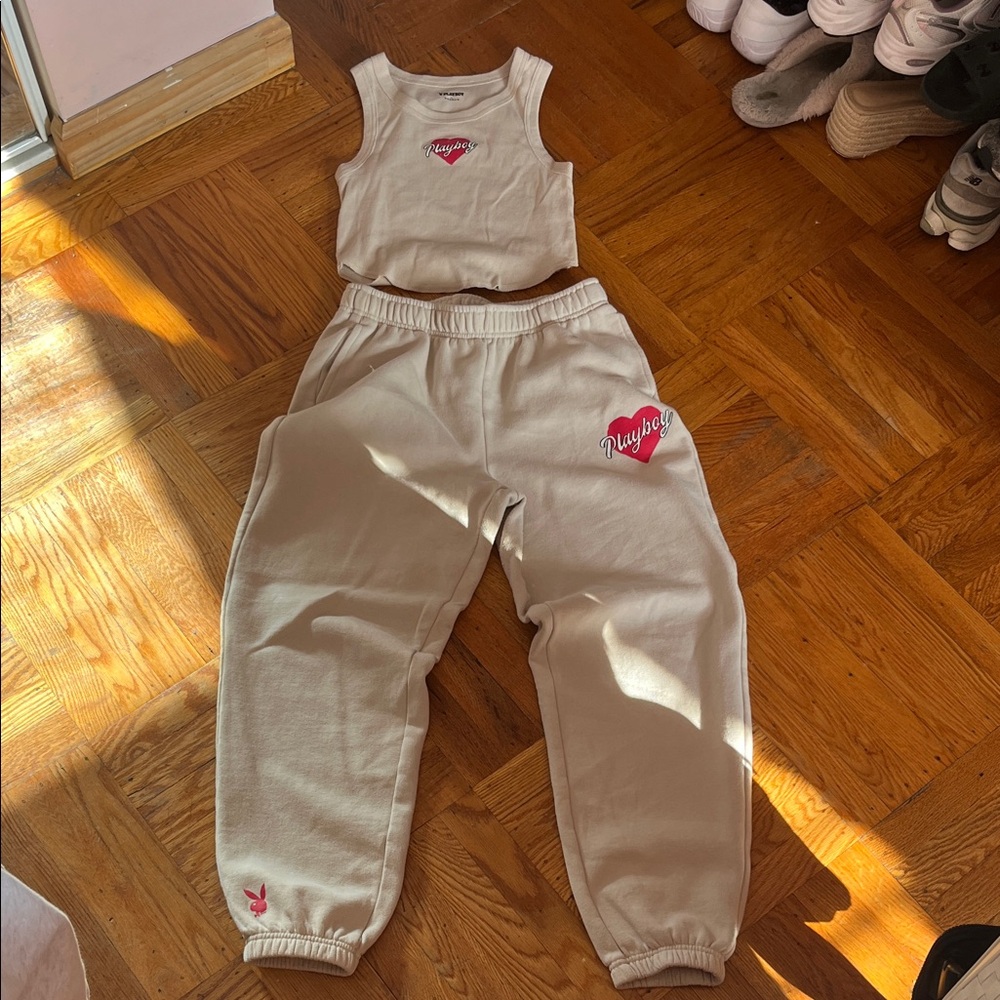 PLAYBOY Women's Beige Tank and Jogger Set